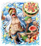  2boys abs blonde_hair eating food fruit green_hair green_shorts hat heart heart-shaped_eyes multiple_boys official_art one_piece one_piece_treasure_cruise open_clothes open_mouth open_shirt roronoa_zoro sanji_(one_piece) shirt short_hair shorts sitting standing teeth water watermelon white_shirt 