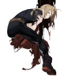  1boy absurdres ahoge bangs belt black_footwear black_pants black_shirt blonde_hair boots braid brown_belt cbow edward_elric full_body fullmetal_alchemist furrowed_brow highres long_hair looking_at_viewer looking_back male_focus pants parted_bangs prosthetic_arm_removed shirt single_braid sleeveless sleeveless_shirt solo wire yellow_eyes 