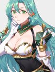  1girl aqua_hair armor bangs bare_shoulders braid breasts chloe_(fire_emblem) cleavage commentary_request elbow_gloves fire_emblem fire_emblem_engage garter_straps gloves green_eyes highres large_breasts long_hair looking_at_viewer peach11_01 pegasus_knight_uniform_(fire_emblem) shoulder_armor side_braid single_braid smile solo very_long_hair white_gloves 