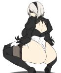  1girl ass back_cutout bangs black_gloves black_hairband black_thighhighs blindfold breasts clothing_cutout feather-trimmed_sleeves gloves hairband highleg highleg_leotard highres houtengeki juliet_sleeves large_breasts leotard long_sleeves nier_(series) nier_automata puffy_sleeves short_hair solo squatting thighhighs white_background white_hair white_leotard yorha_no._2_type_b 