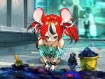  1girl aged_down animal_ears bare_shoulders black_hair commentary_request cuffs funi_mu9 hakos_baelz handcuffs hololive hololive_english indoors laboratory lanyard looking_down mouse_ears mouse_girl mouse_tail multicolored_hair red_hair seiza short_hair sitting solo_focus streaked_hair sweat tail twintails virtual_youtuber white_hair 