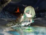  1girl aged_down antlers braid braided_bangs branch ceres_fauna commentary_request dress flower funi_mu9 green_hair green_nails highres hololive hololive_english long_hair mole mole_under_eye outdoors plant pond reaching side_braid solo tearing_up virtual_youtuber volcano white_dress yellow_eyes 