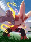  1other blaziken blurry claws closed_mouth cloud commentary day fire furry grass hoodiecrow looking_at_viewer mega_blaziken mega_pokemon one_knee outdoors pokemon pokemon_(creature) sky solo stadium twitter_username watermark 