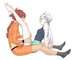  2girls bodysuit dark-skinned_female dark_skin eye_contact feet grey_hair gundam gundam_suisei_no_majo hand_on_another&#039;s_leg hand_on_another&#039;s_thigh highres hip_vent legs_up long_hair looking_at_another low_ponytail miorine_rembran multiple_girls orange_bodysuit parted_lips qehhha red_hair suletta_mercury toes yuri 