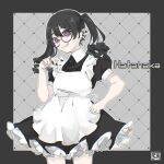  1girl absurdres apron black_dress black_hair black_nails character_request cross-shaped_pupils dress earrings eyelashes glasses grin highres jewelry kotone0220 maid maid_apron nail_polish purple_eyes ring round_eyewear smile solo symbol-shaped_pupils twintails vrchat 