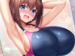  1girl :o armpits bathroom blue_eyes blush breasts brown_hair cleavage collarbone competition_swimsuit huge_breasts looking_at_viewer medium_hair one-piece_swimsuit open_mouth original raised_eyebrows shiny_clothes shiny_skin sideboob solo surprised sweat swimsuit upper_body yago8_pp3 
