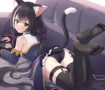  1girl absurdres animal_ear_fluff animal_ears ass bangs bare_shoulders black_hair black_panties black_thighhighs blush bow breasts cat_ears cat_girl cat_tail couch detached_sleeves fang feet frilled_sleeves frills green_eyes hair_bow highres karyl_(princess_connect!) lace-trimmed_panties lace_trim long_hair looking_at_viewer looking_back low_twintails lying multicolored_hair no_shoes on_stomach open_mouth panties princess_connect! purple_bow sideboob skindentation small_breasts solo streaked_hair tail thighhighs twintails underwear very_long_hair white_hair xue_lu 