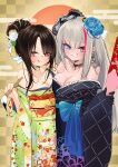  2girls :p absurdres alternate_hairstyle bare_shoulders blue_eyes blush breasts brown_eyes brown_hair c-ms_(girls&#039;_frontline) cleavage collarbone commentary_request girls&#039;_frontline grey_hair grin hagoita hair_ornament heterochromia highres japanese_clothes kimono long_hair looking_at_viewer mdr_(girls&#039;_frontline) medium_breasts multicolored_hair multiple_girls new_year ohichi16 paddle pink_eyes pink_hair small_breasts smile streaked_hair tongue tongue_out very_long_hair 