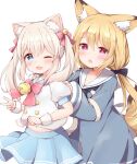  2girls ;d animal_ears bell blonde_hair blue_bow blue_dress blue_sailor_collar blue_skirt blush bow cat_ears cat_girl cat_tail commentary_request dress fang fox_ears fox_girl fox_tail hair_bell hair_between_eyes hair_bow hair_ornament hands_on_another&#039;s_shoulders jingle_bell long_hair looking_at_viewer low_twintails midriff_peek multiple_girls navel neck_bell one_eye_closed original pink_bow pleated_skirt puffy_short_sleeves puffy_sleeves purple_eyes sailor_collar sailor_dress school_uniform serafuku shirt short_sleeves simple_background skirt sleeves_past_wrists smile tail tutsucha_illust twintails very_long_hair white_background white_sailor_collar white_shirt wide_sleeves 