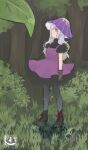  1girl bags_under_eyes black_footwear black_gloves character_request dress fishnet_pantyhose fishnets forest frown gloves grass grey_hair hair_over_one_eye high_heels highres kotone0220 leaf livly_island long_hair mushroom_girl nature outdoors pantyhose pinafore_dress purple_dress purple_eyes purple_headwear solo 