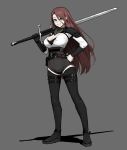  1girl absurdres black_gloves breasts brown_hair cleavage commentary english_commentary full_body gloves gogalking green_eyes grey_background grin hand_on_own_chest highres holding holding_sword holding_weapon large_breasts long_hair looking_at_viewer original shadow simple_background single_glove smile solo sword very_long_hair weapon 