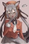  1girl absurdres animal_ears arng_twi belt blazer extra_ears fox_ears fox_girl fox_tail gloves grey_hair hat highres island_fox_(kemono_friends) jacket kemono_friends kemono_friends_v_project long_hair looking_at_viewer necktie ribbon shirt simple_background skirt solo tail twintails virtual_youtuber yellow_eyes 