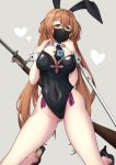  1girl animal_ears ass_visible_through_thighs bangs bare_shoulders bayonet black_footwear black_leotard black_mask black_necktie breast_suppress breasts brown_hair cleavage commentary_request condom covered_navel detached_collar fake_animal_ears girls&#039;_frontline green_eyes grey_background gun heart high_heels highres kneeling large_breasts leotard long_hair looking_at_viewer m1903_springfield mask mouth_mask nakiusagi necktie playboy_bunny rabbit_ears rifle sabotaged_condom safety_pin simple_background sling solo springfield_(girls&#039;_frontline) strapless strapless_leotard sweatdrop thighs very_long_hair weapon weapon_on_back wrist_cuffs 