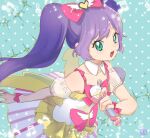  1girl blue_background blush bow collar dotted_background dress elbow_gloves eyelashes gloves green_eyes hair_bow holding holding_microphone idol kotone0220 long_hair manaka_lala microphone musical_note open_mouth pink_bow pretty_(series) pripara purple_hair solo twintails white_collar wristband 