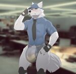  anthro blush bodily_fluids canid canine canis clothed clothing diaper doggolapse domestic_dog fur genital_fluids hat headgear headwear hi_res male mammal necktie office solo sweat sweatdrop urine watersports wet_diaper wetting white_body white_fur 
