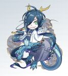  1boy absurdly_long_hair ahoge animal_ears antlers blue_hair blue_scales blue_tail centauroid chibi claws dragon_boy dragon_tail fang floating full_body gradient_background green_eyes grey_background hair_over_one_eye long_hair looking_at_viewer male_focus monster_boy open_mouth original scales simple_background skin_fang slit_pupils solo t_o_illustvs tail taur very_long_hair whorled_clouds 