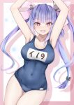  1girl bare_arms bare_legs bare_shoulders blue_one-piece_swimsuit blush covered_navel cowboy_shot fang highres i-19_(kancolle) kantai_collection koru_pera long_hair looking_at_viewer name_tag one-piece_swimsuit open_mouth purple_hair red_eyes school_swimsuit smile solo swimsuit tri_tails 