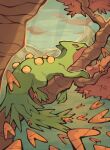  branch closed_eyes closed_mouth commentary day falling_leaves from_side leaf mountainous_horizon no_humans outdoors pokemon pokemon_(creature) sceptile sleeping solo tree trustyalt volcano 