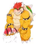  2019 anthro bebebebebe blush bodily_fluids bowser censored censored_genitalia censored_penis claws collar cum genital_fluids genitals holding_penis horn leaking_cum looking_pleasured male mario_bros masturbation nintendo nude penis pink_penis saliva solo spiked_collar spikes tail yellow_body 