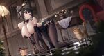  1girl absurdres all_fours antique_telephone ass ass_cutout azur_lane black_dress black_flower black_hair black_rose bodystocking breasts brown_gloves cat chair checkered_floor chen_hai_(azur_lane) chen_hai_(vestibule_of_wonders)_(azur_lane) china_dress chinese_clothes clothes_writing clothing_cutout corded_phone detached_collar dress elbow_gloves flower full_body gloves highres holding holding_tray indoors jfzm001 lace-trimmed_gloves lace_trim lamppost large_breasts manjuu_(azur_lane) official_alternate_costume pelvic_curtain phone red_eyes reflective_floor rose rotary_phone strapless taut_clothes taut_dress tight tight_dress tray 