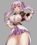  1girl absurdres bangs black_clover blush breasts cetta_(cettadvd) cleavage grey_hair hand_on_hip highres large_breasts microskirt noelle_silva open_mouth panties pleated_skirt purple_eyes skirt solo thick_thighs thighs tsundere twintails underwear 