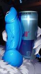  animal_genitalia animal_penis anthro balls beverage blue_penis bodily_fluids canid canine canis claws comparing cum demdoq detailed_background digital_media_(artwork) energy_drink english_text erection fluffy fur genital_fluids genitals knot leaking_cum male mammal nude penis red_bull size_difference solo text vein veiny_penis white_body white_fur wolf 