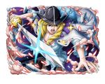  1boy black_headwear blonde_hair cavendish frilled_shirt frilled_sleeves frills hat hat_feather holding holding_sword holding_weapon long_hair one_piece one_piece_treasure_cruise open_mouth shirt sword teeth weapon white_shirt 