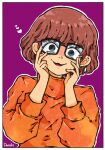  1girl bangs black_eyes brown_hair danishi frills glasses hands_on_own_face heart highres looking_at_viewer orange_sweater purple_background scooby-doo short_hair simple_background smile solo sweater turtleneck turtleneck_sweater upper_body velma_dace_dinkley yandere 