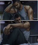  2boys ? ?? bed black_hair black_pants call_of_duty call_of_duty:_modern_warfare_2 closed_eyes facial_hair ghost_(modern_warfare_2) highres looking_at_another male_focus multiple_boys muscular muscular_male on_bed pants short_hair sitting soap_(modern_warfare_2) solo_focus tank_top twitter_username umikochannart white_tank_top 