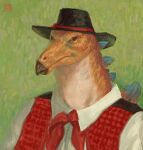  1:1 2023 anthro beak black_clothing black_hat black_headwear blue_spines brown_eyes bust_portrait clothed clothing cowboy cowboy_hat digital_media_(artwork) digital_painting_(artwork) dinosaur dyna_soar farmer france green_background hat headgear headwear hi_res impressionist_background kerchief looking_at_viewer male markings neckerchief orange_body orange_markings ornithischian plates pointillism portrait post-impressionism rancher red_clothing red_kerchief red_neckerchief red_topwear red_vest reptile scalie shirt signature simple_background solo spines stegosaurian stegosaurus three-quarter_portrait thyreophoran topwear traditional_dress vest white_clothing white_shirt white_topwear 