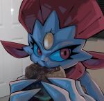  2023 ambiguous_gender burger claws darkluxia eating food gem generation_4_pokemon holding_food holding_object mammal nintendo photo_background pokemon pokemon_(species) red_eyes solo weavile 