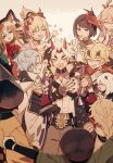  5girls 6+boys abs aether_(genshin_impact) akira_(genshin_impact) animal_ears arataki_itto armor arms_up back bangs black_gloves black_hair blonde_hair blue_hair braid braided_ponytail brown_hair closed_eyes dog_ears dog_girl drum eyebrows_hidden_by_hair fireworks fox_ears fox_girl genshin_impact genta_(genshin_impact) gloves hair_between_eyes hair_ornament hairband hairclip hat headpat highres hina_(genshin_impact) holding horns instrument japanese_armor japanese_clothes kackaorz1 kamisato_ayato kimono kujou_sara long_hair looking_at_another mask mask_on_head multicolored_hair multiple_boys multiple_girls music oni oni_horns open_mouth paimon_(genshin_impact) petting pink_hair playing_instrument ponytail red_hair short_hair smile thoma_(genshin_impact) white_hair yae_miko yoimiya_(genshin_impact) 