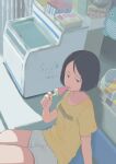  1girl black_hair cooler eating food highres holding holding_food indoors original popsicle rikirosso shirt short_hair shorts sitting solo summer t-shirt watermelon_bar white_shorts yellow_shirt 