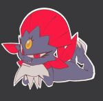  2023 ambiguous_gender claws darkluxia fangs gem generation_4_pokemon grey_background looking_at_viewer lying mammal nintendo pokemon pokemon_(species) red_eyes sharp_teeth simple_background smile solo teeth weavile 