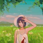  1girl arm_up blood blood_on_clothes blood_on_face blue_sky camisole chainsaw_man day field green_eyes hair_over_one_eye hat looking_at_viewer medium_hair parted_lips purple_hair reze_(chainsaw_man) sky smile solo solraka sun_hat white_camisole 