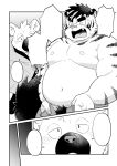  2023 anthro belly big_belly blush bottomwear clothing comic duo felid hi_res humanoid_hands kemono male mammal moobs navel nipples overweight overweight_male pantherine pants pubes surprise tiger yuzpoco 
