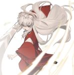  1boy animal_ears antenna_hair bead_necklace beads cbow clenched_hand demon_boy dog_boy dog_ears fighting_stance grey_hair hair_between_eyes hakama highres holding holding_sword holding_weapon huge_weapon inuyasha inuyasha_(character) japanese_clothes jewelry long_hair long_sleeves looking_at_viewer male_focus necklace open_mouth red_hakama red_shirt shirt sidelocks solo sword tooth_necklace weapon white_background wide_sleeves yellow_eyes 