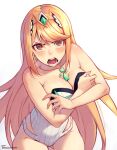  1girl bangs bare_shoulders blonde_hair blush breast_grab breast_hold breasts covering covering_breasts earrings grabbing headpiece highres jewelry large_breasts long_hair looking_at_viewer mythra_(radiant_beach)_(xenoblade) mythra_(xenoblade) one-piece_swimsuit phrecklesart solo swept_bangs swimsuit tiara tsundere very_long_hair xenoblade_chronicles_(series) xenoblade_chronicles_2 yellow_eyes 