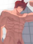  1boy abs absurdres animal_ears bangs bara completely_nude highres large_pectorals league_of_legends male_focus male_pubic_hair muscular muscular_male navel nipples nude pectorals pubic_hair red_eyes red_hair scar scar_on_face scar_on_nose sett_(league_of_legends) sharp_teeth short_hair solo teeth xingdrdr 