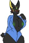  alpha_channel anthro areola azorian black_body breasts canid canine cleavage clothed clothing female flat_colors fox green_eyes hybrid luna_(braingone) mammal pats_(patrina_erubus) simple_background solo thick_thighs transparent_background 