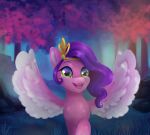  2022 crown digital_media_(artwork) equid equine eyebrows feathered_wings feathers female feral grass green_eyes hair happy hasbro headgear mammal mlp_g5 my_little_pony pegasus pink_body pink_feathers pipp_petals_(mlp) plant purple_hair saphypone signature smile spread_wings tiara tree wavy_hair wings 