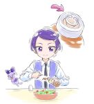  1girl absurdres black_necktie bottle collared_shirt davi_(dokidoki!_precure) dokidoki!_precure eating hair_ornament hairclip highres itou_shin&#039;ichi kenzaki_makoto long_sleeves necktie pain precure punching purple_eyes purple_hair salad sauce shirt short_hair sitting solo table vest white_shirt 