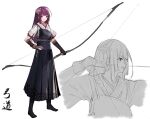  1girl archery bow_(weapon) fingerless_gloves full_body gloves hair_ornament heibaise_jiangshi highres hime_cut holding japanese_clothes kyuudou light_smile long_hair looking_at_viewer multiple_persona original pink_eyes purple_hair smile straight_hair weapon 