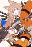  1girl :d animal_ears arknights arm_behind_head arm_up bangs bare_shoulders breasts brown_background brown_hair ceobe_(arknights) collarbone commentary_request dog_ears fang hair_between_eyes jumpsuit long_hair looking_at_viewer medium_breasts orange_jumpsuit red_eyes sikuku simple_background smile solo very_long_hair 