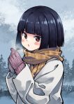  1girl akemiho_tabi_nikki bangs black_hair blunt_bangs blush_stickers bob_cut breath brown_scarf commentary_request day fukube_tamaki gloves hands_up highres jacket kouno_hikaru looking_at_viewer outdoors parted_lips purple_gloves red_eyes scarf solo tree upper_body white_jacket 