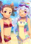  2girls ;d absurdres antenna_hair arm_behind_back bare_arms bare_shoulders beach bikini blue_sky blurry blurry_background blush bow breasts brown_eyes brown_hair closed_mouth collarbone commentary_request commission copyright_request day depth_of_field forehead frilled_swimsuit frills goggles goggles_on_head grey_hair hair_bow highres kou_hiyoyo long_hair multiple_girls navel one-piece_swimsuit one_eye_closed outdoors ponytail purple_eyes rainbow_order red_bikini sand skeb_commission sky small_breasts smile striped striped_bow swimsuit thick_eyebrows twintails very_long_hair water yellow_one-piece_swimsuit 