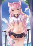  1girl animal_ears breasts hakui_koyori highres hololive lifted_by_self long_hair looking_at_viewer navel open_mouth pink_hair sailor_collar smile solo stomach tail thighs umou_(may65879) underboob virtual_youtuber wolf_ears wolf_girl wolf_tail 