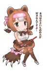  1girl animal_ears bandana bear_ears bear_girl bear_tail black_eyes bow bowtie brown_hair closed_mouth extra_ears gloves highres kemono_friends kneehighs kodiak_bear_(kemono_friends) looking_at_viewer official_art shirt shoes short_hair skirt sleeveless sleeveless_shirt socks solo tail transparent_background weapon yoshizaki_mine 