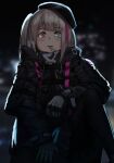  1girl arm_on_knee beret black_headwear black_jacket blue_eyes candy commentary english_commentary expressionless food girls&#039;_frontline gloves grey_gloves grey_hair hat heterochromia highres jacket knee_up lollipop looking_at_viewer mdr_(girls&#039;_frontline) multicolored_hair one_side_up pink_eyes pink_hair solo streaked_hair yusuke_gg 