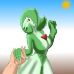  1:1 absurd_res big_breasts blue_background breasts clothing dress eyelashes female first_person_view gardevoir generation_3_pokemon green_body green_clothing green_dress green_hair hair hair_over_eye hand_holding hi_res humanoid inner_boob looking_at_viewer nintendo one_eye_obstructed open_mouth pokemon pokemon_(species) red_eyes simple_background solo sun thegrossmind white_background wide_hips 